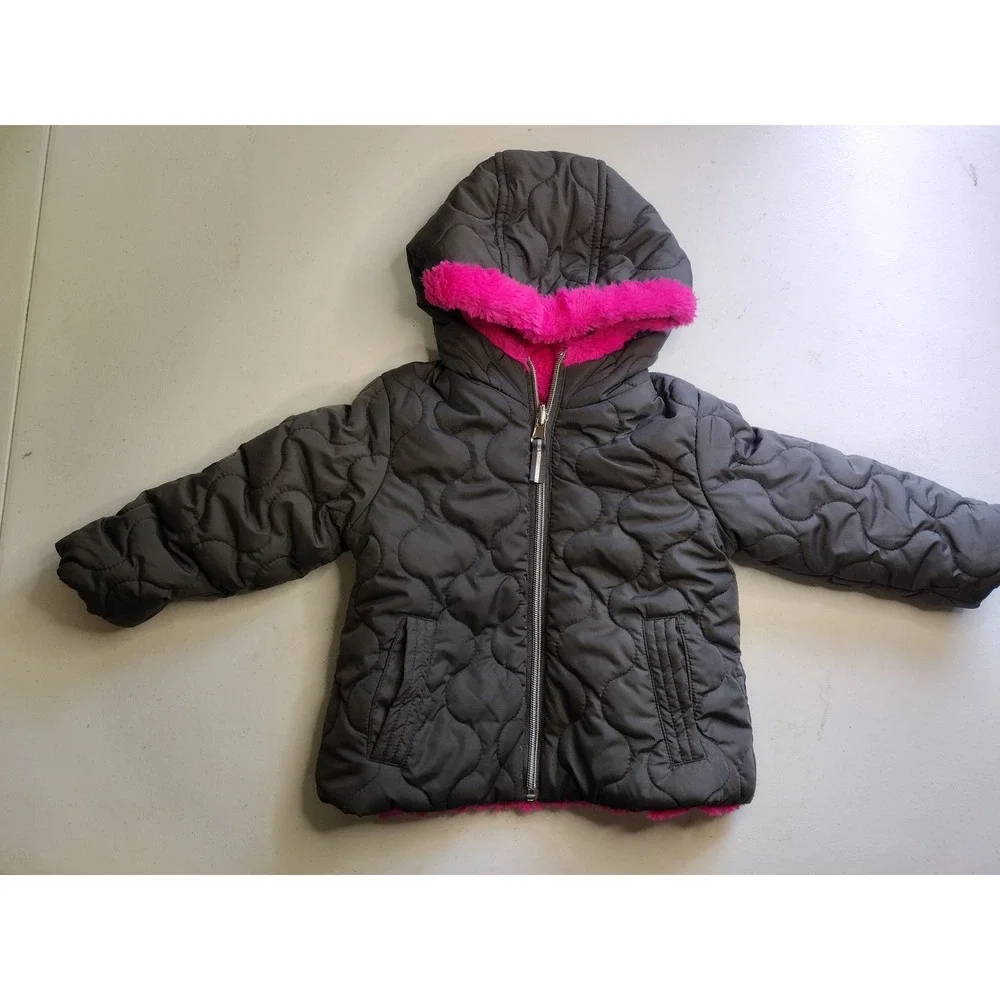 Pistachio Girls Reversible Puffer Jacket Gray Pink Faux Fur Hooded‎ Kids 2t